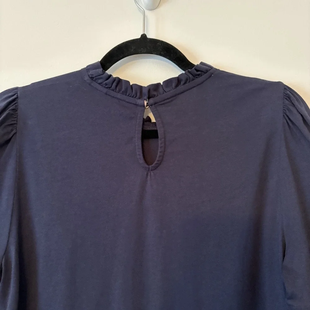 Boden Ruffle Neck Puff Sleeve Top Navy US 10 Stretch Modal Minimalist Boho